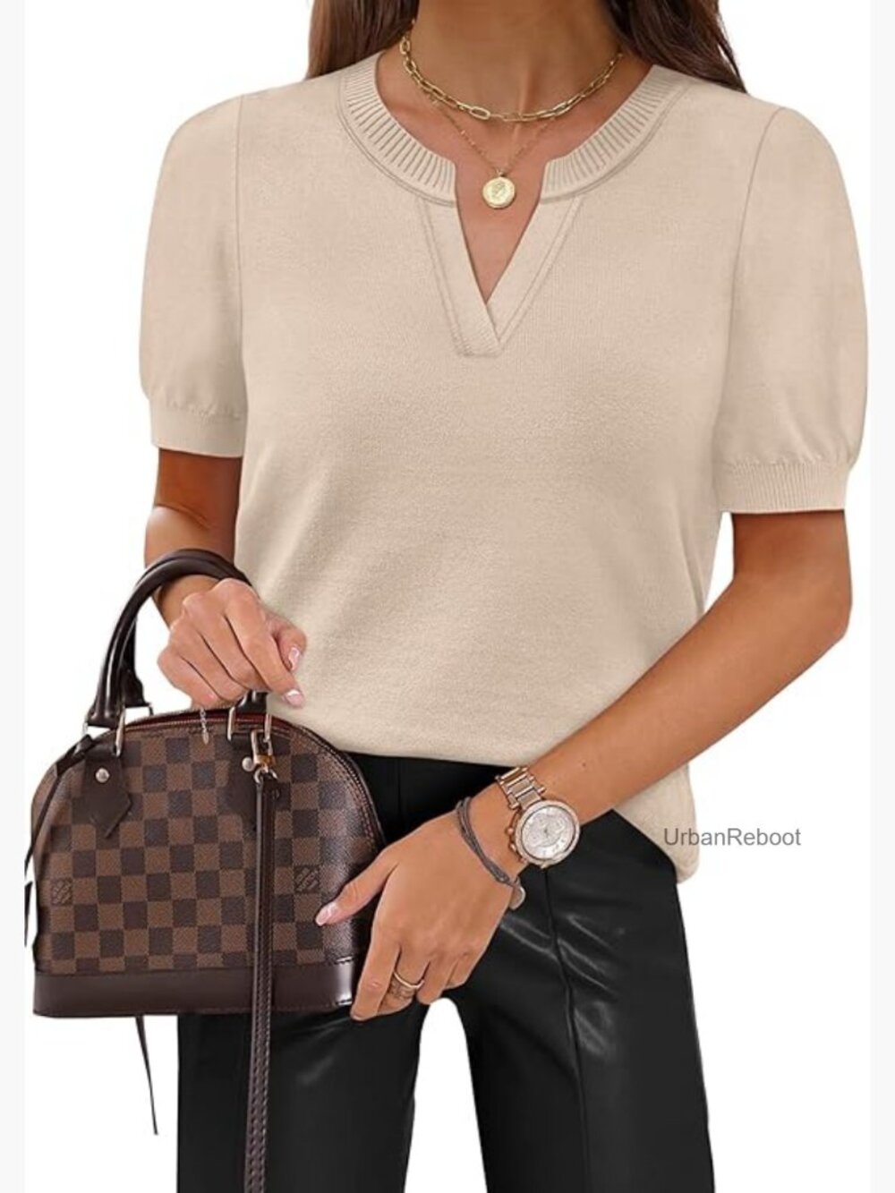 V Neck Short Sleeve Knit Pullover Sweater Business Casual Women's Top
